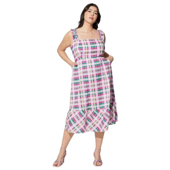 Torrid Mini Poplin Tiered Ruffle Strap Dress Plaid Green Pink NWT‎ Plus 1X 14-16 - Picture 1 of 11